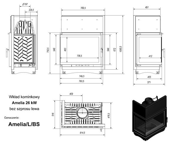 Топка AMELIA/L/BS, Г-образное стекло слева_1 Топка AMELIA/L/BS, Г-образное стекло слева_1