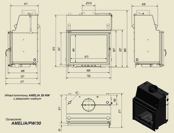 Топка с водяным контуром AMELIA/PW/30/GLASS, двойное стекло_2 Топка с водяным контуром AMELIA/PW/30/GLASS, двойное стекло_2