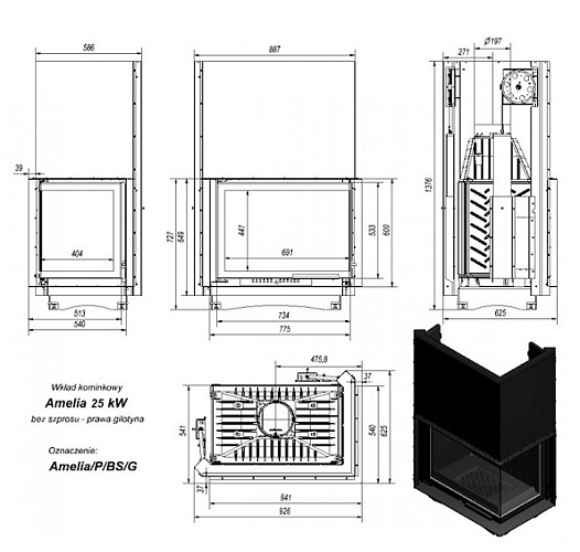 Каминная топка Amelia/P/BS/G с гильотиной угловое стекло справа_2 Каминная топка Amelia/P/BS/G с гильотиной угловое стекло справа_2
