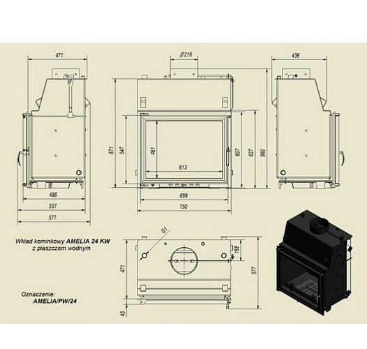 Каминная топка Amelia/PW/24/GLASS с водяным контуром_1 Каминная топка Amelia/PW/24/GLASS с водяным контуром_1